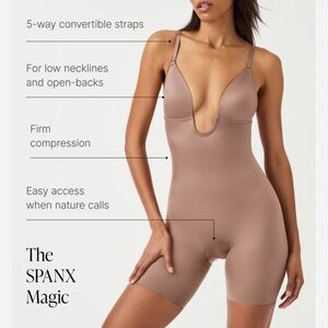 SPANX Suit Your Fancy Plunge Low Back Mid-Thigh Bodysuit Size XL Beige